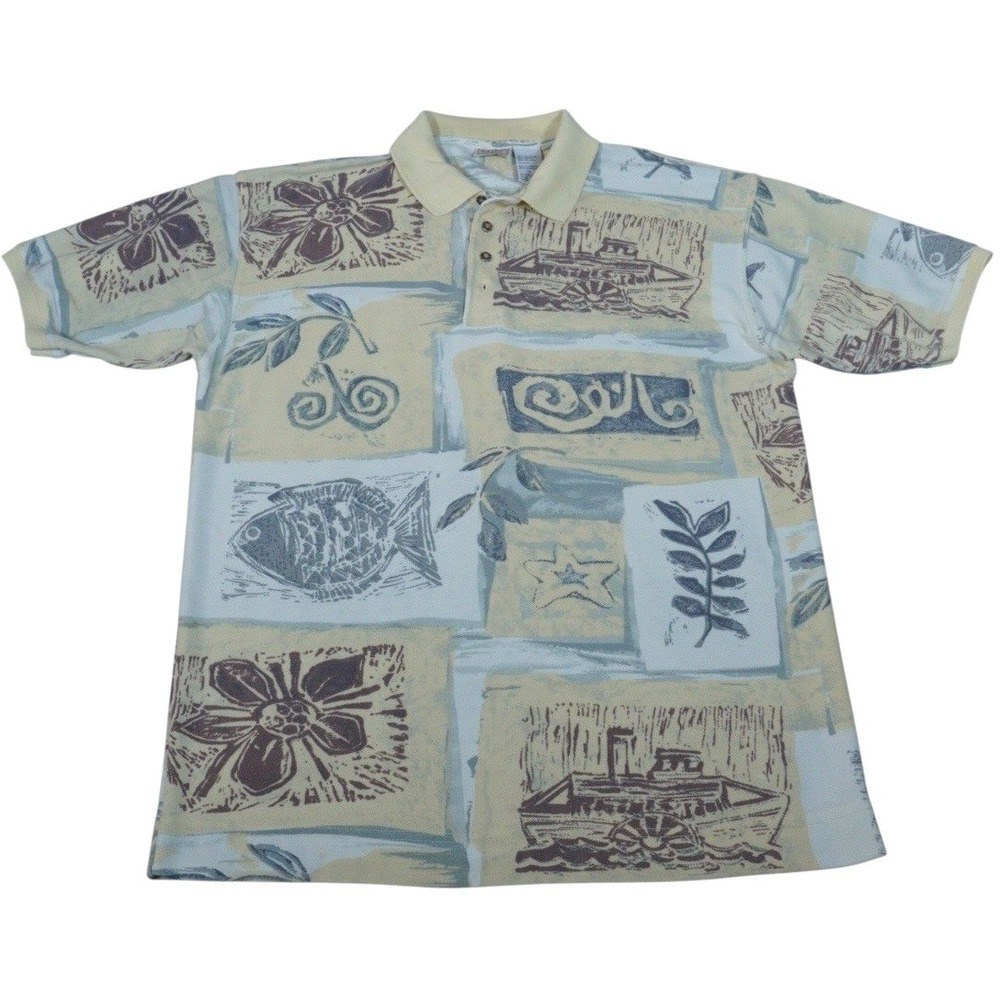 Vintage 90s Bugle Boy Polo Shirt Mens Large Beige Blue Graphic‎ Print Cotton USA